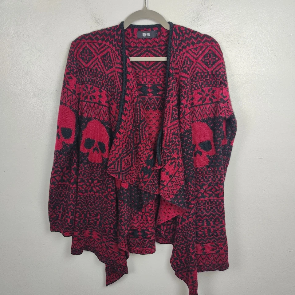 Cardigã Feminino Punho de Ferro Pequeno Vermelho Preto Caveira Ilha Justa Suéter Gótico Punk Alt - Imagem 2 de 4
