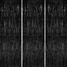 3 Pack Foil Fringe Backdrop - Black Shiny Tinsel Curtains for Party 3.3x8.2 FT