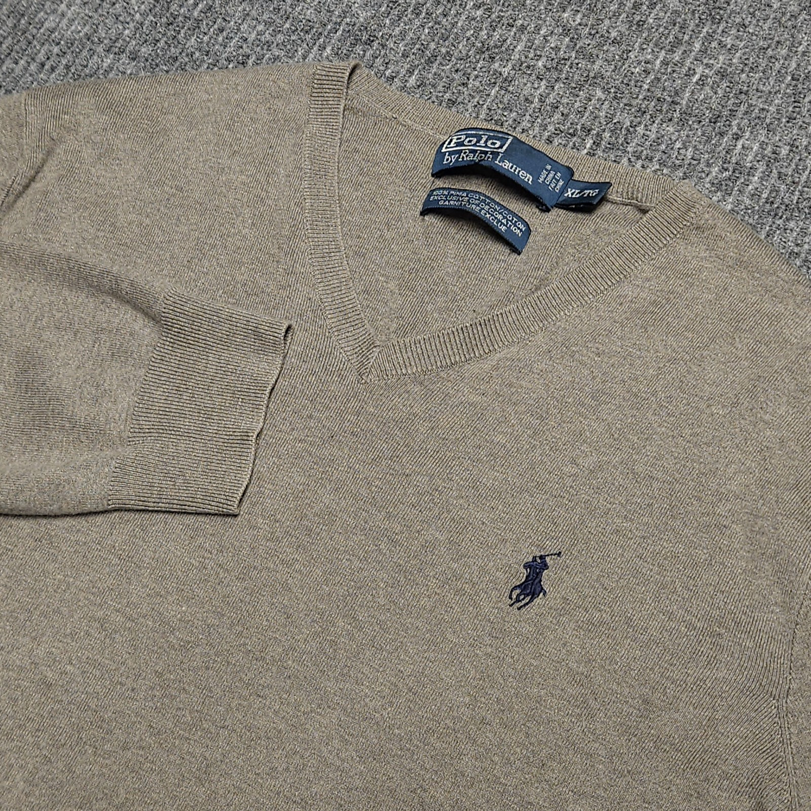 Vintage Polo Ralph Lauren Pima Cotton V Neck Sweater Gray Men’s Size XL Preppy