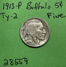 1913 P T2 Buffalo 🦬 Indian Head Nickel 5c Fine Type 2