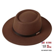 Women Vintage Wide Brim Warm Wool Fedora Hat Belt Panama Medium-Large A-coffee