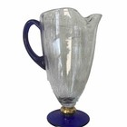 Handcrafted Crafted Crystal Pitcher Cobalt Blue Handle & Base /Gold Rim 64oz 11”