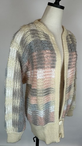 Vintage 80s Nubby Tweed Cardigan Sweater M Pastel Plaid Fuzzy Boucle Grandma - Picture 2 of 15