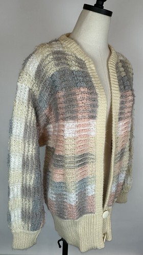 Vintage 80s Nubby Tweed Cardigan Sweater M Pastel 