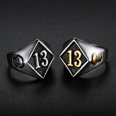 Lucky Number Stainless Steel Punk Biker Gothic Number 13 Skull Ring 7-19
