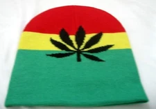 Men Women Rasta Red,Yellow,Green Stripes with Marijuana MJ Leaf Beanie-New!