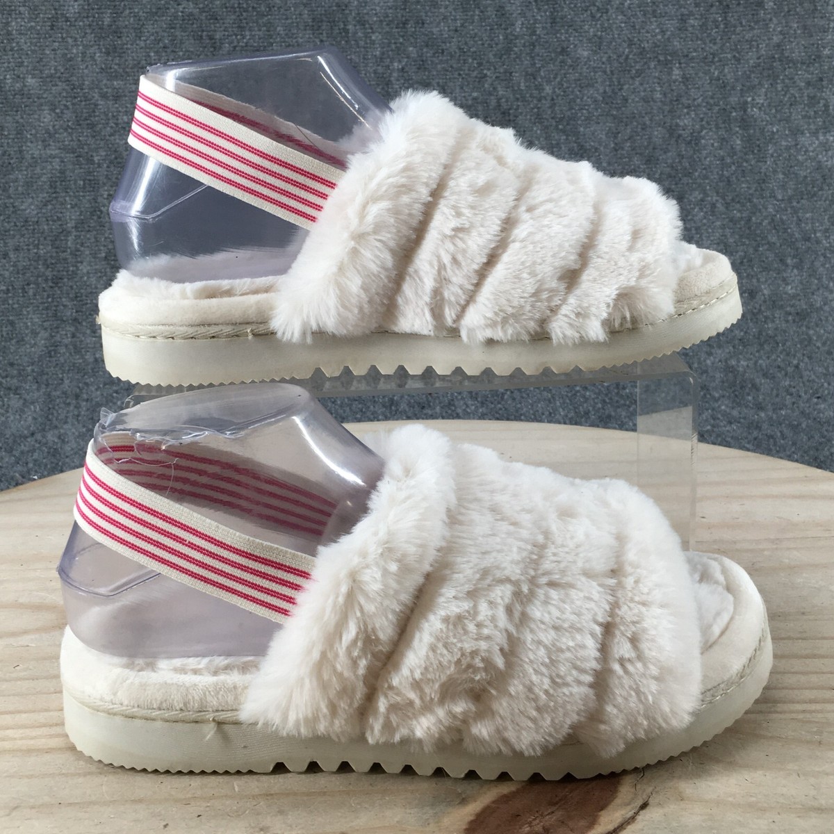 SO Slippers Womens 7M Fluffy Slingback Faux Fur Slide Slip On Ivory Flats  Casual