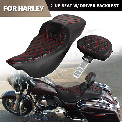 Red Lattice Stitched Driver Passenger Seat w/ Backrest For Harley