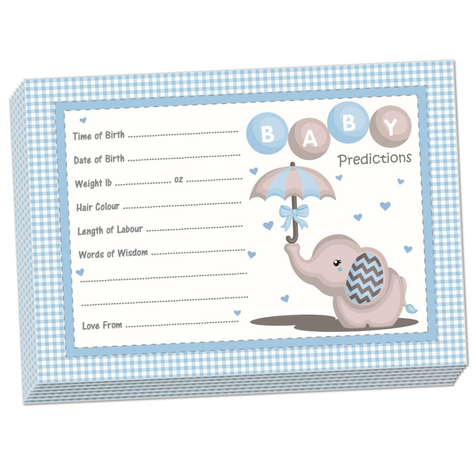 Blue Baby Elephant - 10 PREDICTION CARDS, Baby Shower Party Boy Keepsake Game