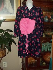 PIONEER GIRLS 8 Navy Corderoy Floral PRINT DRESS FALL HEART STRINGS Bonnet