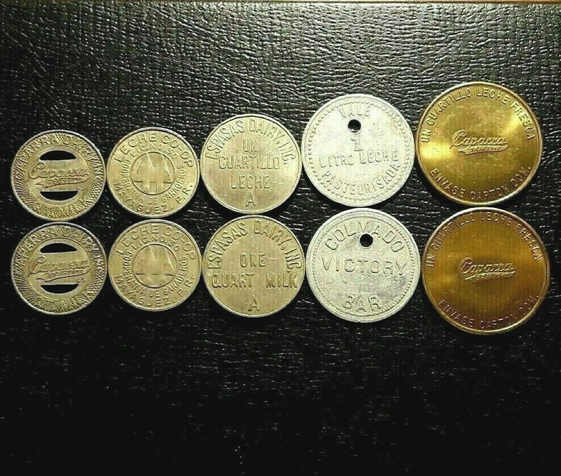 Set 5 PUERTO RICO 1950s MILK DAIRY Token coin FICHA LECHE moneda Vale medalla