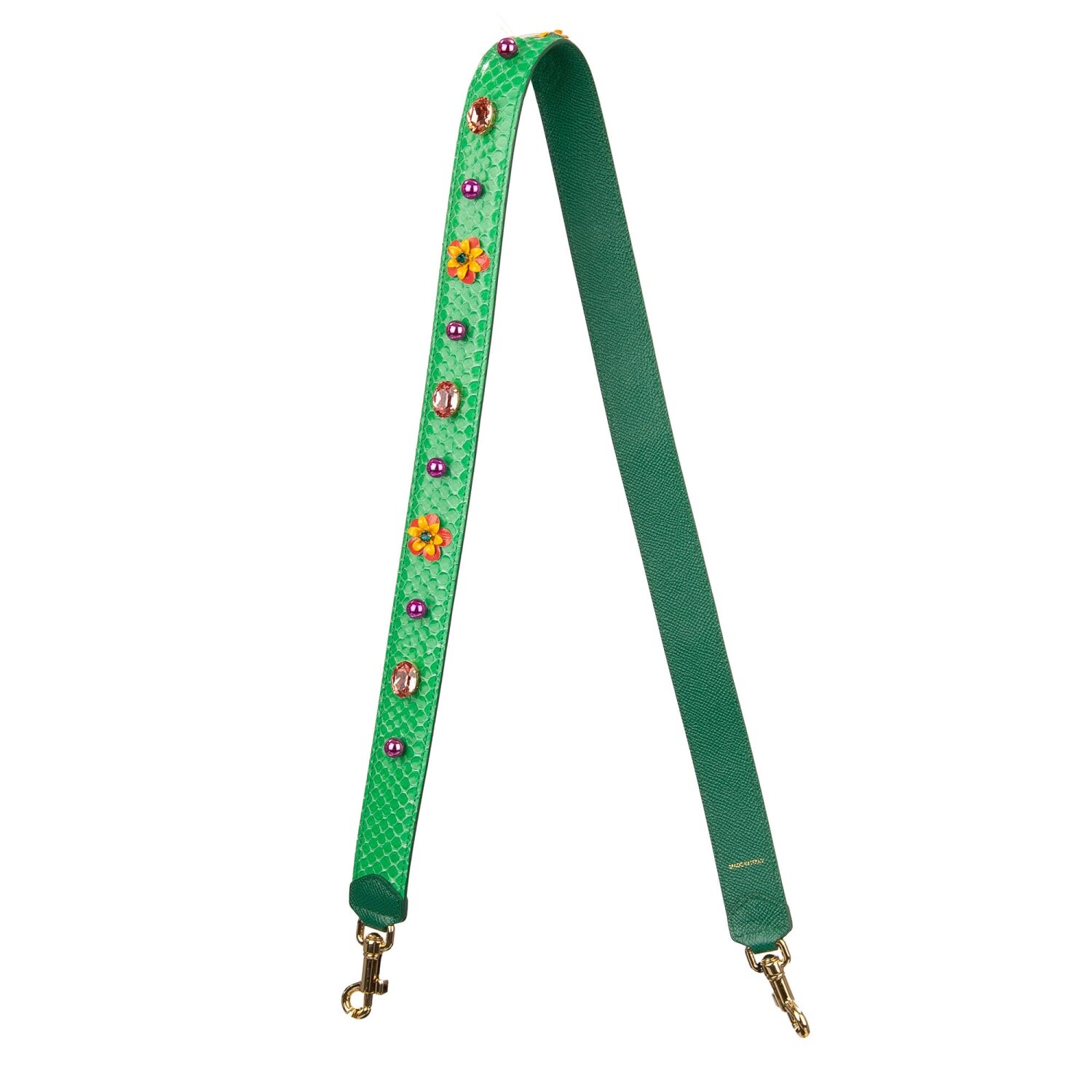 DOLCE & GABBANA Pearl Crystal Flower Snake Leather Bag Strap Handle Green 12807