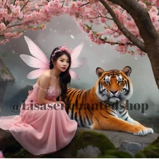 Digital Image Desktop Wallpaper AI Art - Fairy and Tiger Under Cherry Blossom