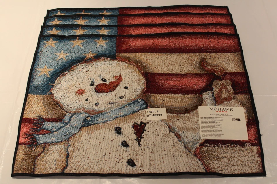 4er Set Mary Ann June Patriotischer Schneemann mit amerikanischer Flagge Gobelin Tischsets