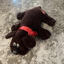 Vintage Tonka 1985 Pound Puppies Dark Brown Plush with red bow Dog 8  