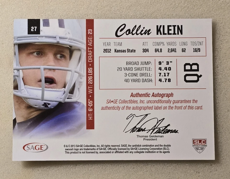 2013 Sage COLLIN KLEIN #27 Rookie RC Auto Autograph Kansas State Wildcats - Image 2 of 2