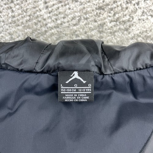 Air Jordan Jacket Boy Large *STAINS* Hooded Puffer Vest Black Blue Spellout Logo - Picture 9 of 13