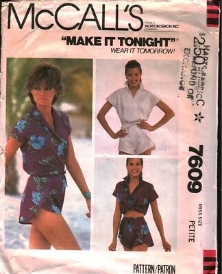 7609 Vintage McCalls SEWING Pattern Misses 1980s Top Shirt Blouse Shorts OOP Sew
