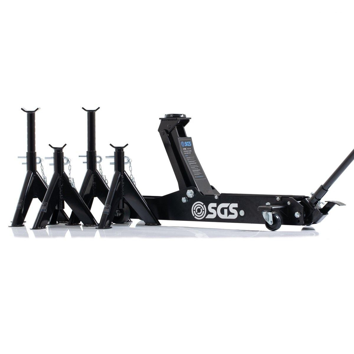 SGS 3 Ton Long Reach Trolley Jack w/ Foot Pedal & 4x3 Ton Heavy Duty Axle Stands