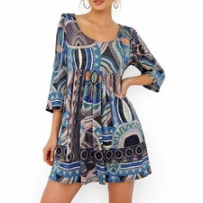 Sunny Leigh Dress Womens L Multicolor Geometric Floral Empire Waist Long Sleeve