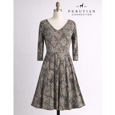 Peruvian Connection King Street Boho Dress Geometric Print V Neck Midi Dress Sm