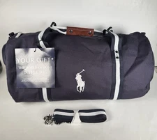 Ralph Lauren Duffel Bag Navy Canvas White Stripe Shoulder Strap Travel Gym