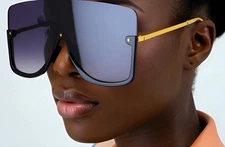 Women Designer Sunglasses Luxury Half Rim Single Lens Square Gold Big XL Shades