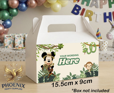 PERSONALISIERTE MICKEY SAFARI PARTY BOX AUFKLEBER BELIEBIGER WORTLAUT
