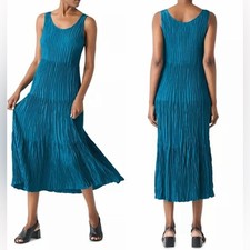 NEW Eileen Fisher Crushed Silk Tiered Midi Dress in green Sz M Quiet Luxury