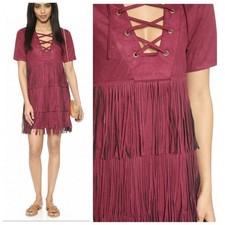 RAGA Faux Suede The Wild West Fringe Shift Dress Size Small Boho Western Cowgirl