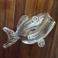 VTG MCM Hand Blown Art Glass Fish Vase Bowl Clear Sculpture Terrarium 11  Large