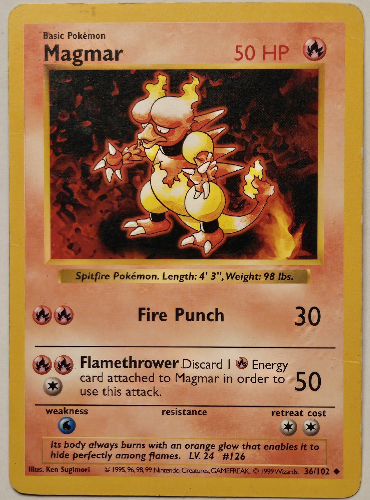 Shadowless Magmar 36/102◇ 1999 Lightly Played Vintage Pokémon Card