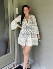 Piazza Italia Womens White Lace Cover Up Dress Tassels Boho Resort L XL NWT
