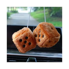 Pair of Retro Square, 3 inch Fuzzy Plush Dice with Dots, Car Mirror Hanging D...