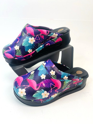 TERLIK SABO Handmade Leather Women's Clogs Mules Slippers Floral Flamingos 8-8.5