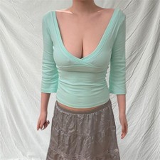 Y2K mint green balletcore V-neck top
