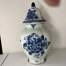 BlauW Delft Thistle Floral Vase with Lid Vintage Ceramic Porcelain Hand Painted