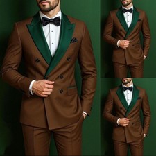 Double Breasted Men's Suits 2Pcs Business Formal Coat Peak Lapel Brown Jacket