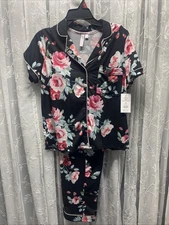 Pajama Set Joyspun Notch Collar Knit Size M (8-10) Black Rose Print NWT Women's