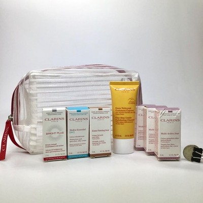 Clarins Travel Skincare Set   7 NEW Multi Active Jour, Serum, Cleanser + Bag