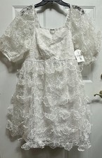 Arula Babydoll Ruffled Sheer White Mini Dress Puff Sleeve 1X 3D Floral Appliqué