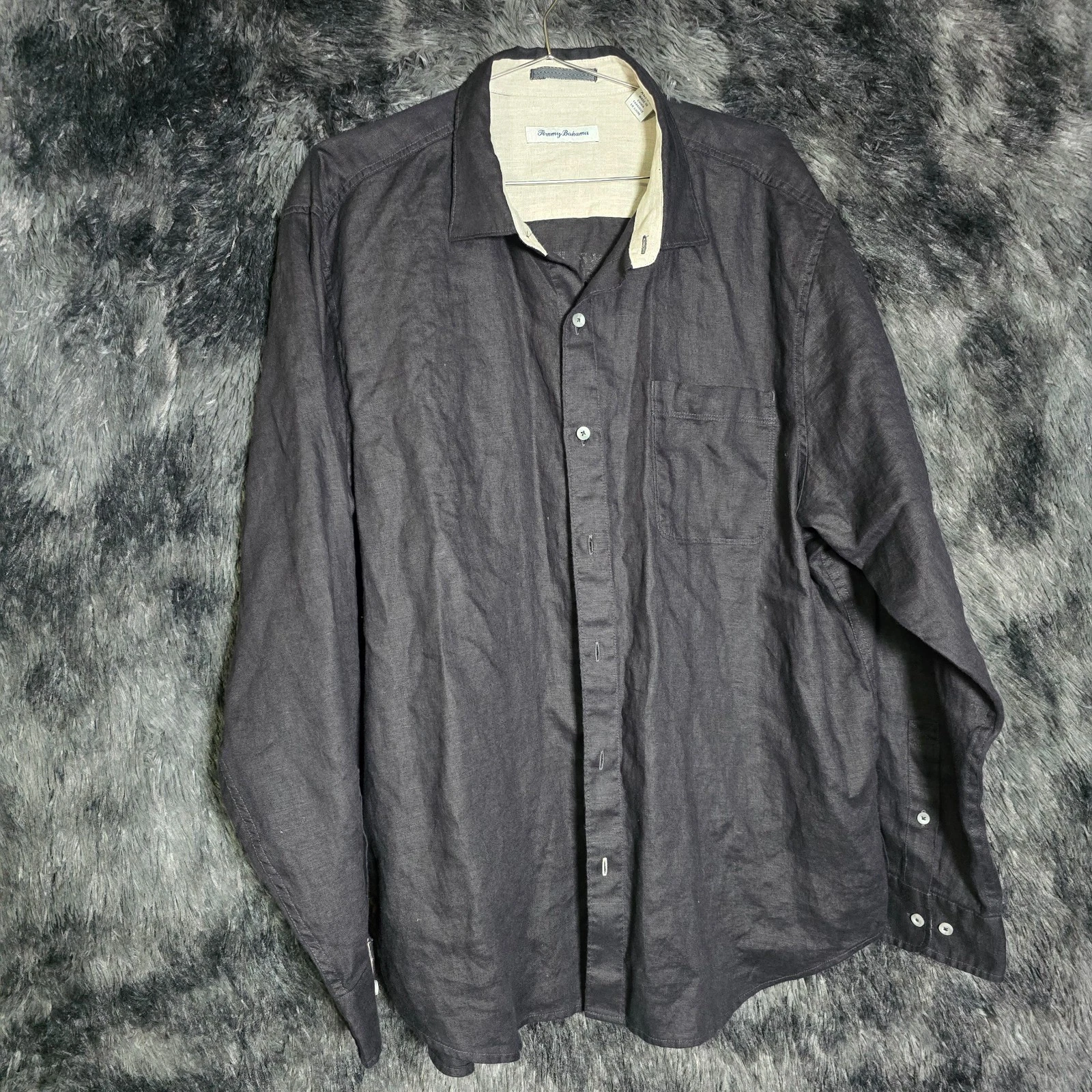 Tommy Bahama Shirt Mens XL Black Linen Silkscreened Palm Tree Logo Long Sleeve