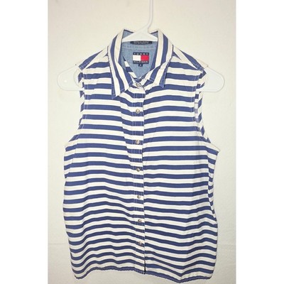 Tommy Hilfiger Womens Sleeveless Button Down Shirt Blue White Striped Size 8