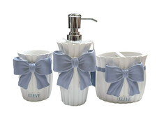 ELEVE 3 PCS WHITE,BLUE SILVER 3D BOW TIE RESIN SOAP DISPENSER,TUMBLER,TOOTHBRUSH
