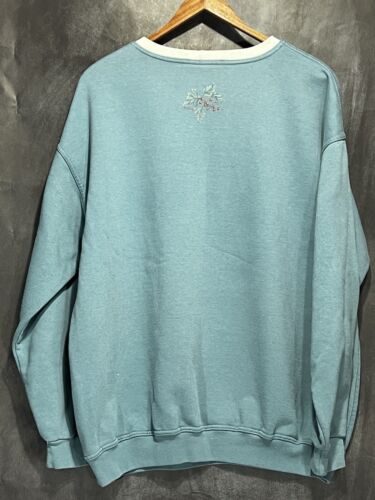 Vintage 1990s Green Faux Double Collar Crewneck Sweatshirt Grandma XL Birds - Picture 2 of 9