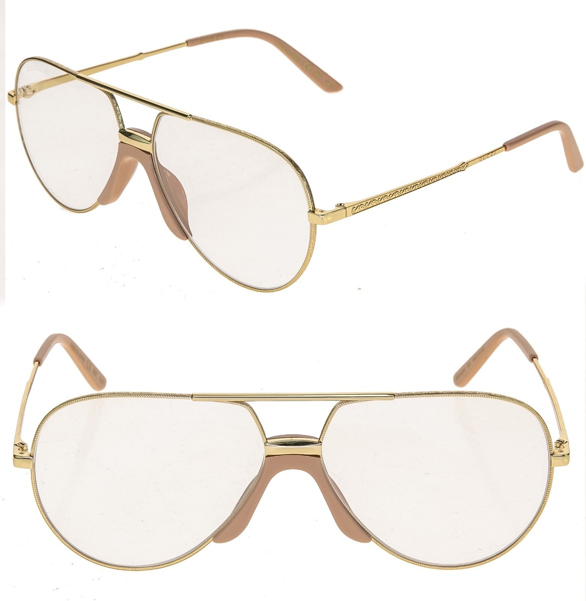 GUCCI 0432 Gold Clear Crystal Aviator Metal Retro Sunglasses