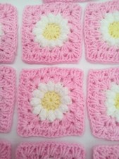 New Lot of 13 Crocheted Granny Squares Pink White Daisy Daisies 4.25" Handmade