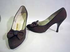 Vintage Custom 1950s Sz. 6.5 Pumps Red Black Faille w/ Bow Marcasite Detail