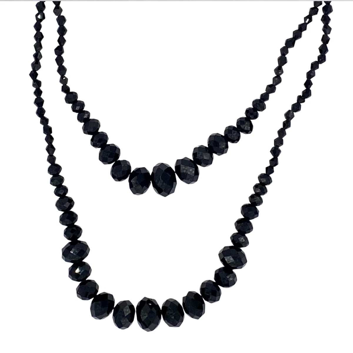 Black Faceted Crystal Beads Necklace Two Strands Mid Length 84 cm