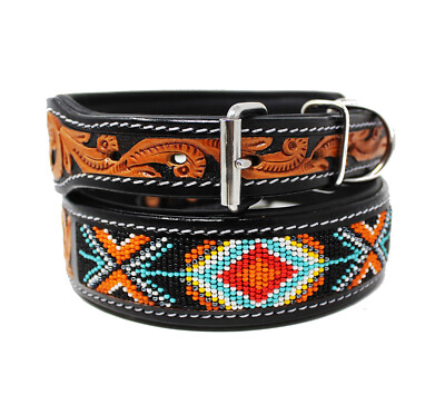 Padded Leather Dog Collar Beaded Floral Hand Tooled Western Adjustable All Breed